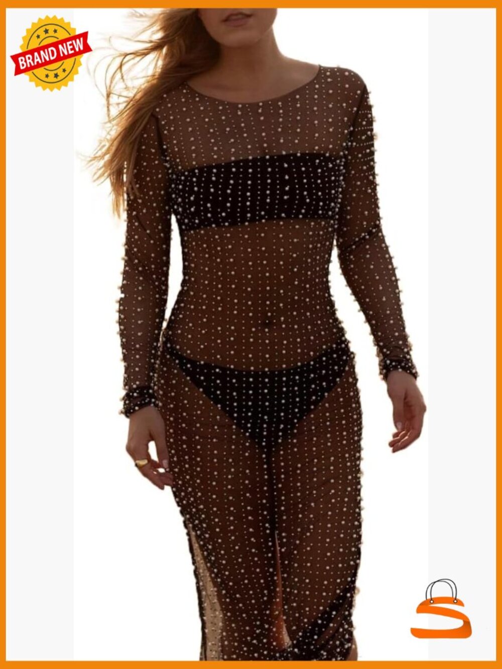Long Sleeve Mesh Rhinestone Cover Up Dress Swimwear Maternity Photo Shoot